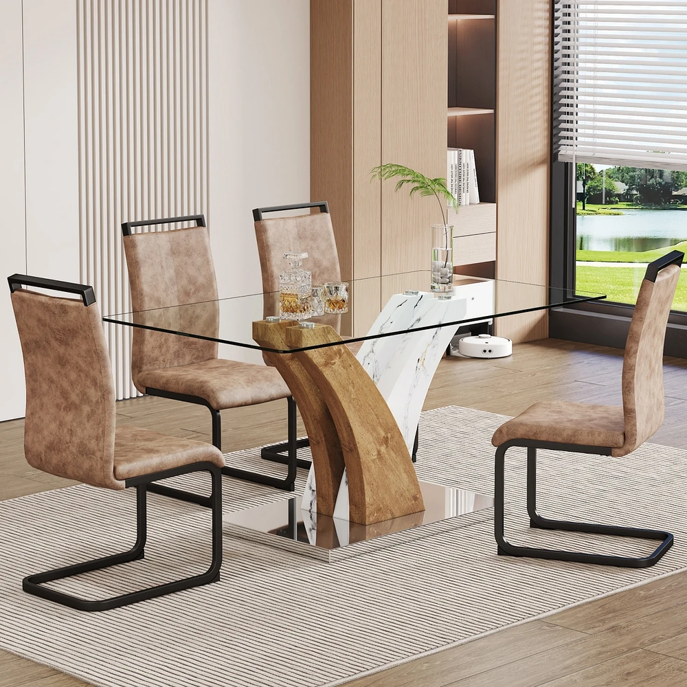 Simplie Fun Table and chair set.Modern dining table, tempered glass countertop with artistic Mdf legs.Paired with 4 comfortable chairs with Pu seats a