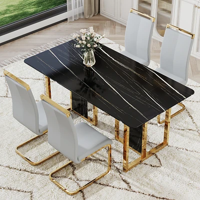 Simplie Fun Table and chair set. Modern dining table with Mdf top and beautiful Mdf legs. Equipped with comfortable Pu chairs and metal legs. Suitable