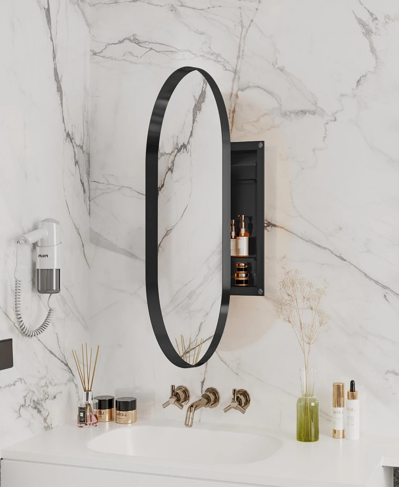 20x34 Inch Oval Recessed Medicine Cabinet, Metal Framed Bathroom Wall Cabinet with Mirror and Adjustable Shelves, Wall Mirror with Storage for Bathroo
