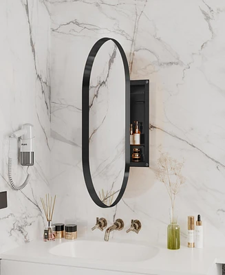 20x34 Inch Oval Recessed Medicine Cabinet, Metal Framed Bathroom Wall Cabinet with Mirror and Adjustable Shelves, Wall Mirror with Storage for Bathroo