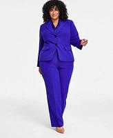 Kasper Plus Size Stretch Crepe Two Button Blazer Sleeveless Tie Front Top Stretch Crepe Straight Leg Pants