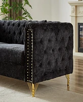 60-Inch Chenille Pull Buckle Design Sofa for Living Room, Buttons Tufted With Copper Nail Decoration Armrest, Modern Couch Upholstered Button And Meta