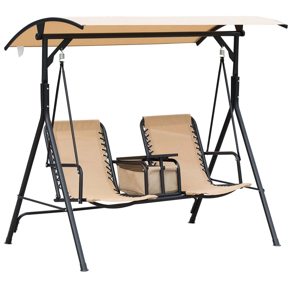 Streamdale Furniture 2-Seat Patio Swing Chair, Outdoor Canopy Swing Glider with Pivot Storage Table, Cup Holder, Adjustable Shade, Bungie Seat Suspens