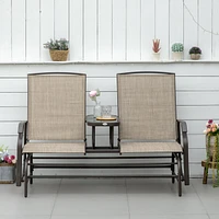 Outdoor Glider Bench with Center Table, Metal Frame Patio Loveseat with Breathable Mesh Fabric and Armrests for Backyard Garden Porch, Brown
