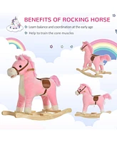 Streamdale Furniture Rocking Horse Plush Animal on Wooden Rockers, Baby Rocking Chair with Sounds, Moving Mouth, Wagging Tail, Pink