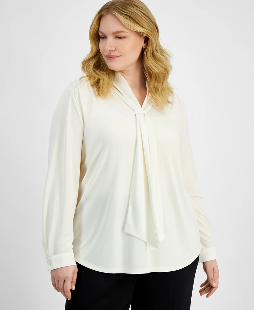 Anne Klein Plus Size Long-Sleeve Scarf-Neck Top