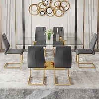 Streamdale Furniture Table and chair set.Modern rectangular dining table with Transparent tempered glass tabletop and gold plated metal legs.Paired wi