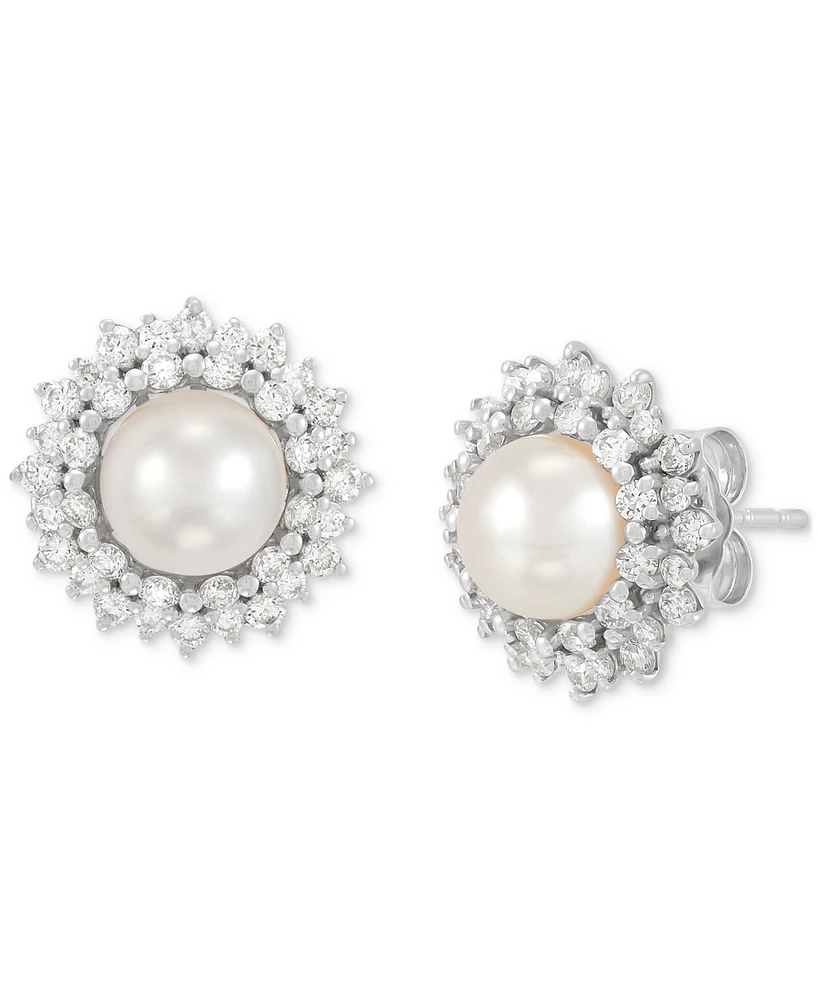 Grown With Love Cultured Freshwater Pearl (6mm) & Lab Grown Diamond (3/4 ct. t.w.) Halo Stud Earrings in 14k White Gold