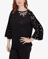 Ruby Rd. Petite Velvet Rosette Lace Sleeve Bejeweled Solid Blouse