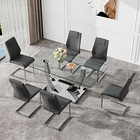 Simplie Fun Table and chair set.Contemporary, minimalist rectangular dining table featuring a clear tempered glass top and sleek silver legs. Paired w