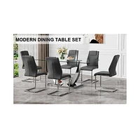 Streamdale Furniture Table and chair set.Contemporary, minimalist rectangular dining table featuring a clear tempered glass top and sleek silver legs.