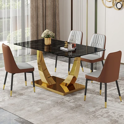 Streamdale Furniture Table and chair set.Modern rectangular dining table with black textured stickers glass tabletop and gold plated metal legs.Paired