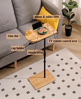 Couch Tray Table Bamboo Height Adjustable Side Table for Sofa C-shaped Oval End Tables with Slots for Bed & Chairs in Living Room & Bedroom (Oval + Re