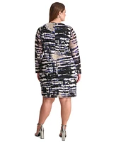 Dkny Plus Printed Side-Ruched Long-Sleeve Mesh Dress