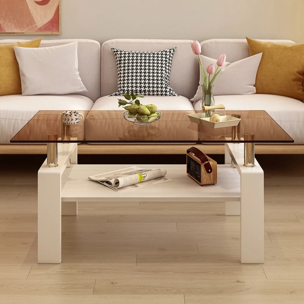 Simplie Fun Rectangle Coffee Table, Tempered Glass Tabletop with Mdf Layer, Modern Table for Living Room, Brown Glass