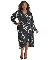 Dkny Plus Printed Side-Wrap Long-Sleeve Midi Dress