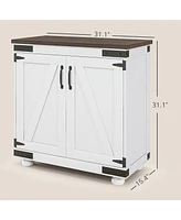 Modern Farmhouse Sideboard, Buffet Cabinet with Barn Style Door and Adjustable Shelf, Kitchen Storage Cabinet with Wood Legs, Distressed White and Bro