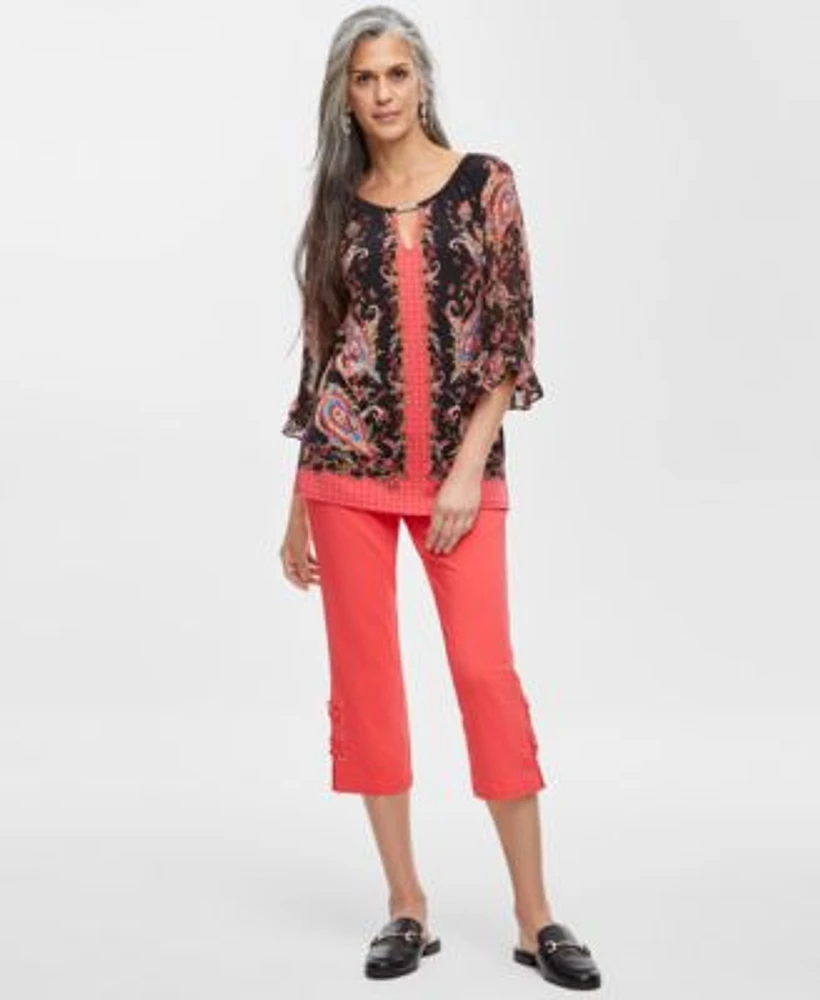 Jm Collection Womens Printed Ruffle Chiffon Sleeve Top Capri Pants Created For Macys