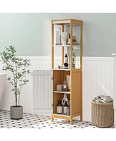 Gymax Tall Bathroom Floor Cabinet Bamboo Bathroom Storage w/Adjustable Shelf &Cupboard