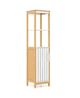 Gymax Tall Bathroom Floor Cabinet Bamboo Bathroom Storage w/Adjustable Shelf &Cupboard