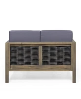 Simplie Fun Outdoor Acacia Wood And Wicker Loveseat And Coffee Table Set With Cushions, Gray + Mixed Gray + Dark Gray