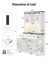 71" Farmhosue Pantry Bar Cabinet with Internal Storage Rack, Kitchen Cabinet with Hutch, Sliding Door, Power Outlet, Pegboard, Wine & Glasses Rac
