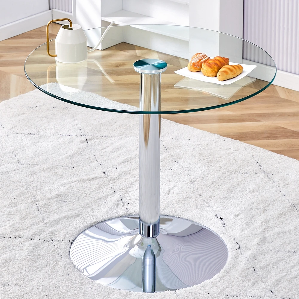 Streamdale Furniture A glass tabletop with a diameter of 35 inches and a modern minimalist circular dining table with electroplated silver metal legs.