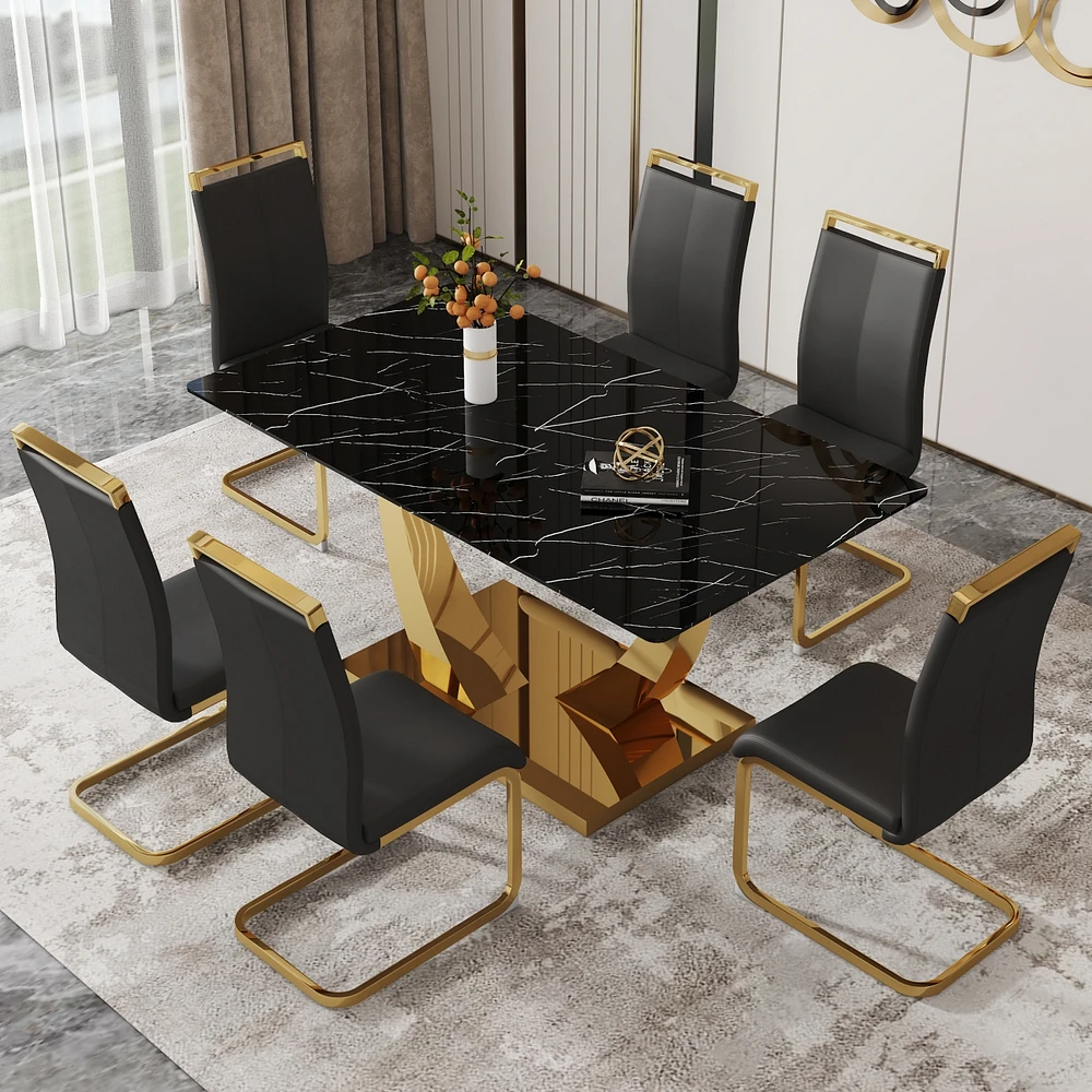 Simplie Fun Table and chair set.Modern rectangular dining table with black textured stickers glass tabletop and gold plated metal legs.Paired with 6 c