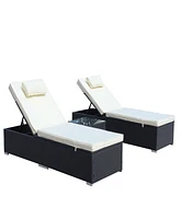 3-Piece Outdoor Patio Furniture Set Chaise Lounge, Patio Reclining Rattan Lounge Chair Chaise Couch Cushioned with Glass Coffee Table