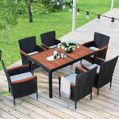 Streamdale Furniture 7-Piece Outdoor Patio Dining Set, Garden Pe Rattan Wicker Dining Table and Chairs Set, Acacia Wood Tabletop, Stackable Armrest Ch