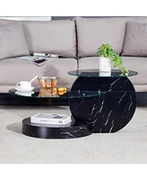 Modern and practical double-deck round table. Double storage space, made of glass tabletop and Mdf table legs. Suitable for living room and bedroom an