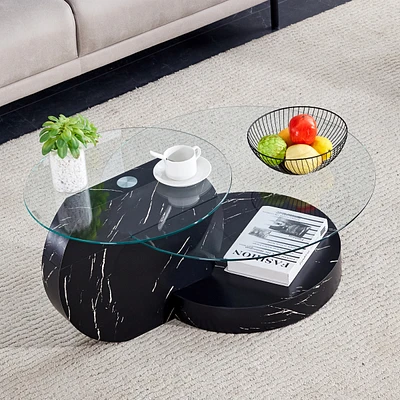 Modern and practical double-deck round table. Double storage space, made of glass tabletop and Mdf table legs. Suitable for living room and bedroom an