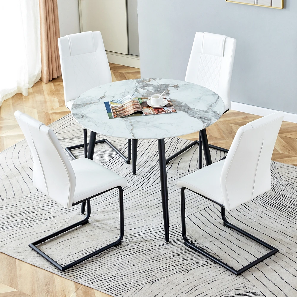 Simplie Fun Table and chair set. Large modern white imitation marble patterned round table with black metal legs. Nice minimalism