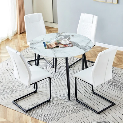 Streamdale Furniture Table and chair set. Large modern white imitation marble patterned round table with black metal legs. Nice minimalism