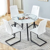 Simplie Fun Table and chair set. Large modern white imitation marble patterned round table with black metal legs. Nice minimalism