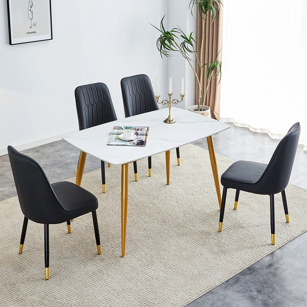 Streamdale Furniture Table and chair set.a morden table with White imitation marble patterned stone burning tabletop with golden metal legs.Paired wit