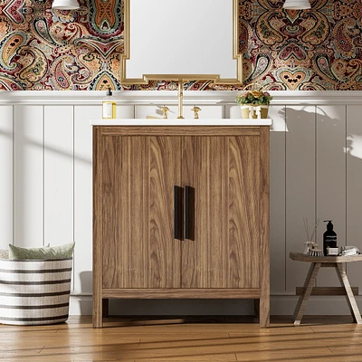 30" Wood Color Bathroom Vanity with Single Sink, Combination Under Counter Sink, Bathroom Storage Cabinet with Soft Closing Door, Multi-Function