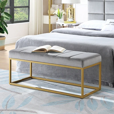 Simplie Fun Modern Tufted Channel Entryway Bench Emerald Velvet Upholstered End of Bed Bench with Metal Frame, Footboard Bench for Living Room, Bedroo