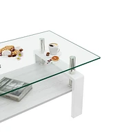 Rectangle Coffee Table, Tempered Glass Tabletop with Mdf Layer, Modern Table for Living Room, Transparent Glass
