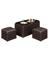 Convenience Concepts 35" Faux Leather Sheridan Storage Bench with Tray and Stools