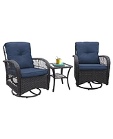 3 Pieces Conversation Set, Outdoor Wicker Rocker Swivel Patio Bistro Set, Rocking Chair with Glass Top Side Table, Navy Blue