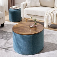 2-Piece Set Round Chenille Storage Ottoman, Equipped with a Drum Shaped Small Stool, Storage Space