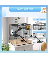 Hamster Cage, 23.5" Gerbil Cage with Glass Basin, Ramps, Platforms, Hut, Exercise Wheel, for Small Hamsters, Black