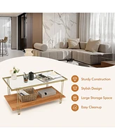 Gymax Coffee Table Rectangle Glass Top w/ Storage Shelf & Gold Steel Frame Living Room