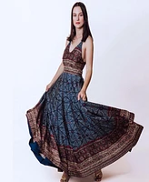 Raas Women's Blue and Red Bandhani Ajrakh Print Gown