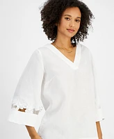 Charter Club Women's 100% Linen Woven 3/4-Sleeve Top, Exclusively at Macy's