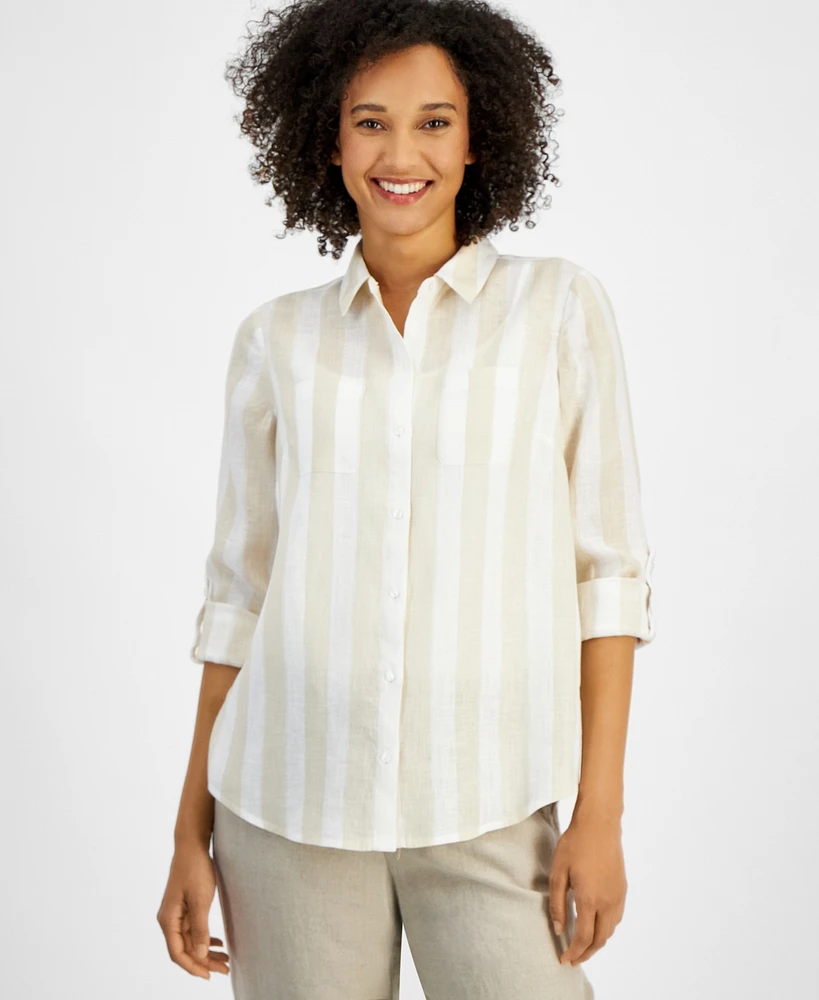 Charter Club Petite Linen Striped Roll-Tab-Sleeve Shirt, Exclusively for Macy's