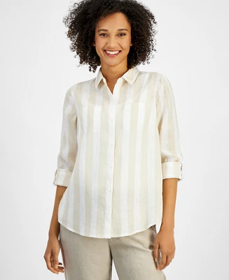 Charter Club Petite 100% Linen Striped Roll-Tab-Sleeve Shirt, Exclusively for Macy's