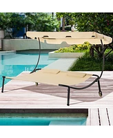Patio Double Chaise Lounge Chair, Outdoor Wheeled Hammock Daybed with Adjustable Canopy and Pillow for Sun Room, Garden, or Poolside, Beige