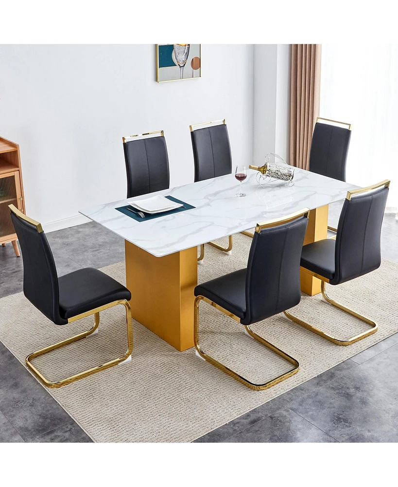 Streamdale Furniture Table and chair set.Large modern rectangular table with 0.4 inch patterned glass tabletop and large Mdf table legs.Comes with 6 c